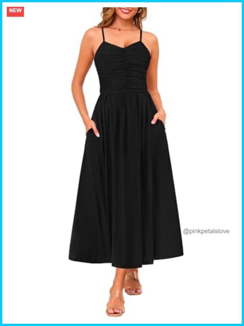 Women's Adjustable Spaghetti Strap Ruched Maxi Sun Dress with Pockets